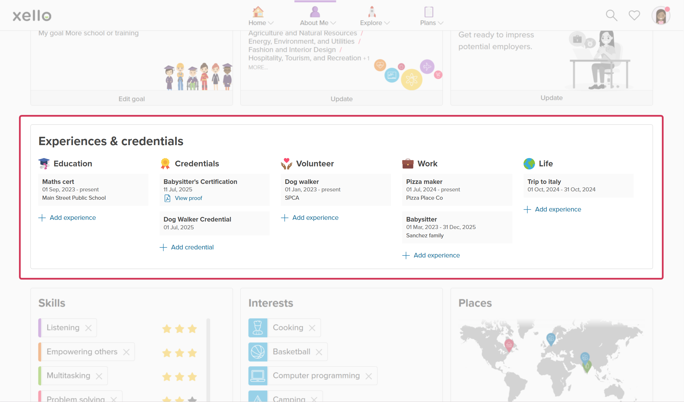 Credentials page in Xello